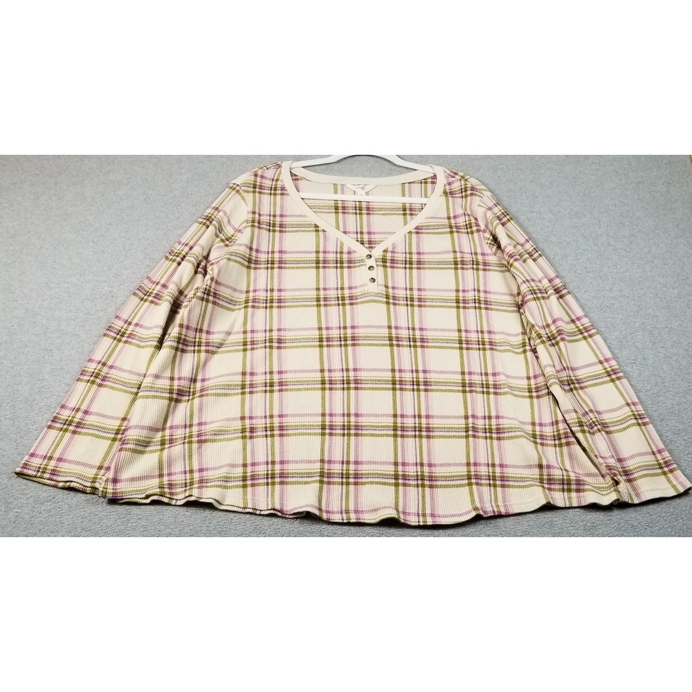 Terra & Sky Henley Top Women's 3X Plus Plaid Waffle Knit Long Sleeve Stretch Tee